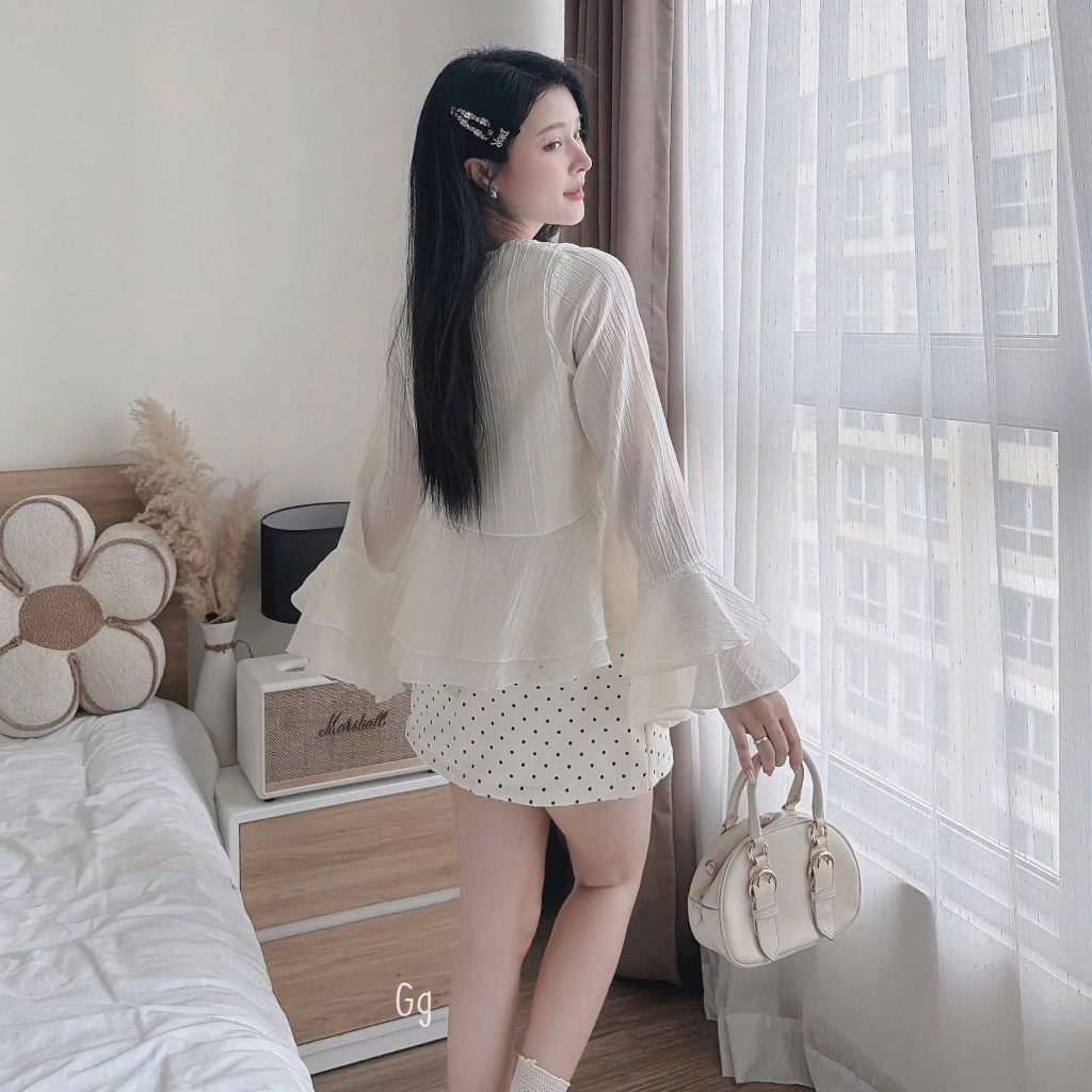 [A489] SET (2 MÓN) áo kiểu nữ BABY BÈO TẦNG TAY LOE phối CHÂN VÁY BI có lót trong xinh xắn - L2M (New)