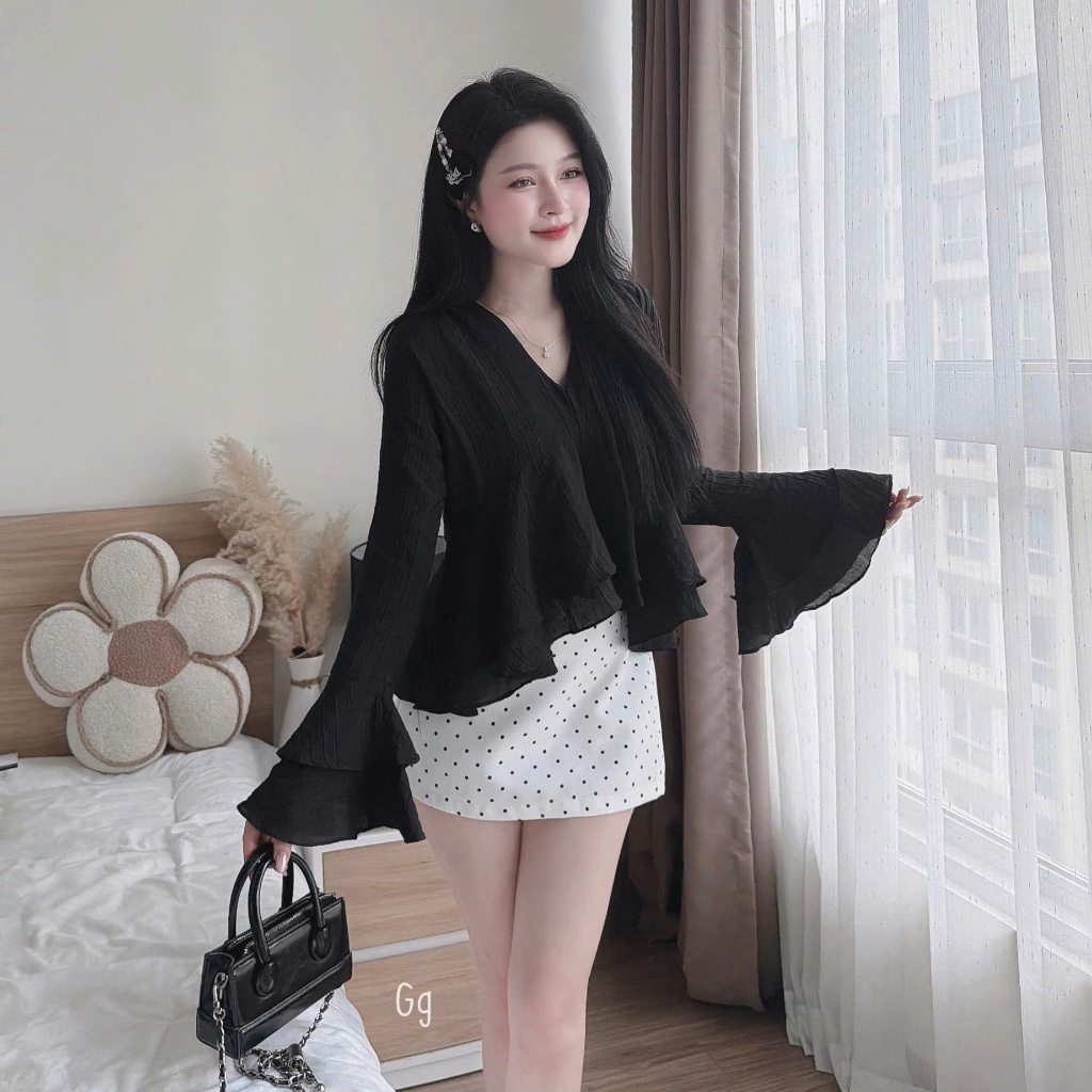 [A489] SET (2 MÓN) áo kiểu nữ BABY BÈO TẦNG TAY LOE phối CHÂN VÁY BI có lót trong xinh xắn - L2M (New)