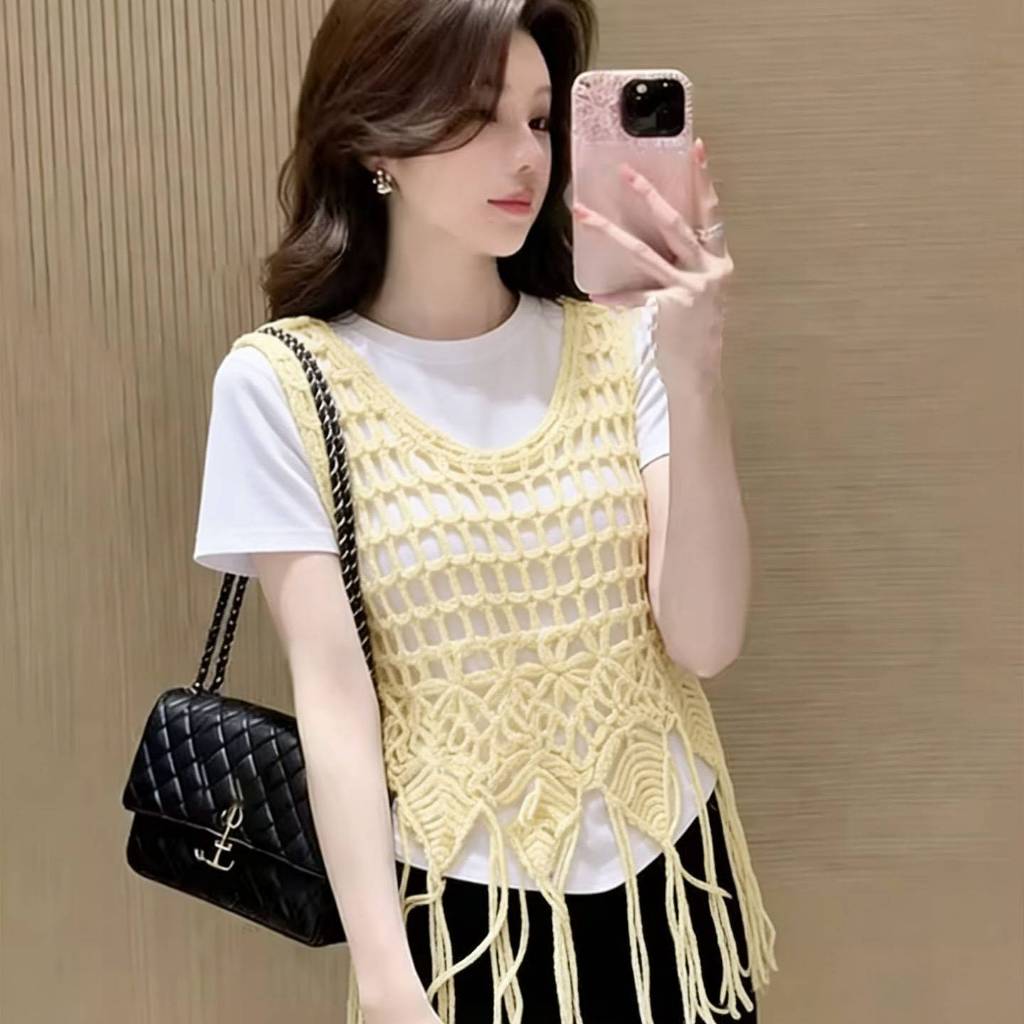 [A485] Áo LƯỚI len dệt kim Ô VUÔNG PHỐI LÁ VÀ TUA không tay thời trang mùa hè đi biển xinh xắn - L2M