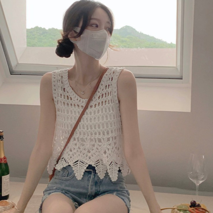 [A485] Áo LƯỚI len dệt kim Ô VUÔNG PHỐI LÁ VÀ TUA không tay thời trang mùa hè đi biển xinh xắn - L2M