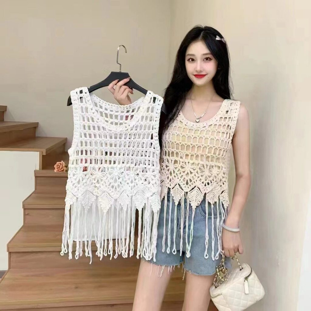 [A485] Áo LƯỚI len dệt kim Ô VUÔNG PHỐI LÁ VÀ TUA không tay thời trang mùa hè đi biển xinh xắn - L2M