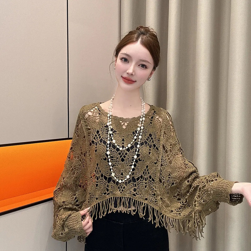 [A486] Áo LƯỚI len dệt kim ĐAN HỌA TIẾT TAY DƠI TUA thời trang mùa hè đi biển xinh xắn - L2M (New)