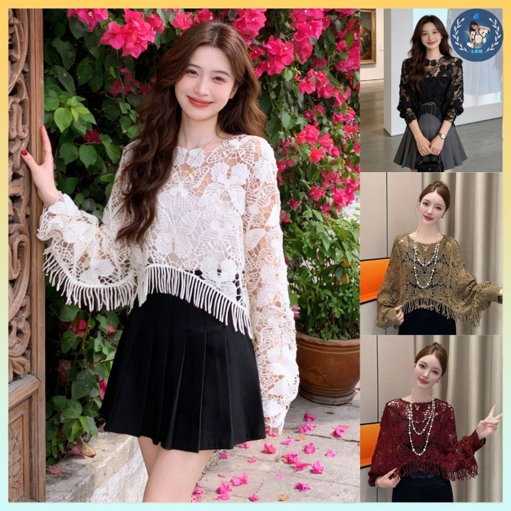 [A486] Áo LƯỚI len dệt kim ĐAN HỌA TIẾT TAY DƠI TUA thời trang mùa hè đi biển xinh xắn - L2M (New)