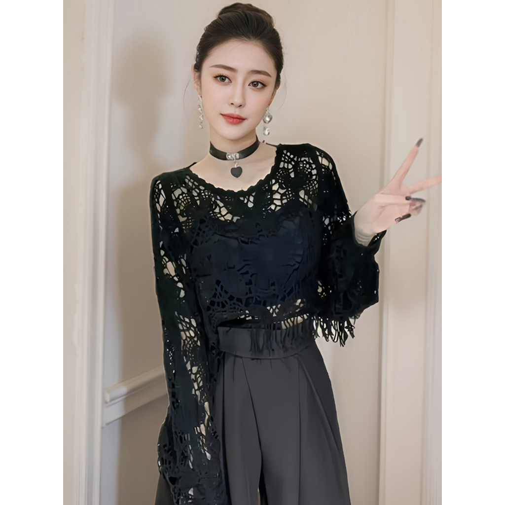 [A486] Áo LƯỚI len dệt kim ĐAN HỌA TIẾT TAY DƠI TUA thời trang mùa hè đi biển xinh xắn - L2M (New)