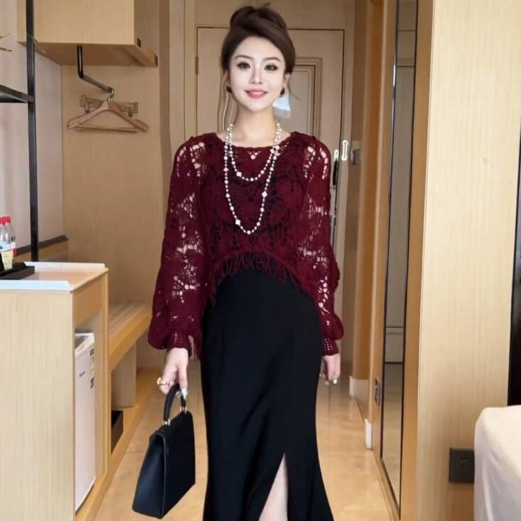 [A486] Áo LƯỚI len dệt kim ĐAN HỌA TIẾT TAY DƠI TUA thời trang mùa hè đi biển xinh xắn - L2M (New)
