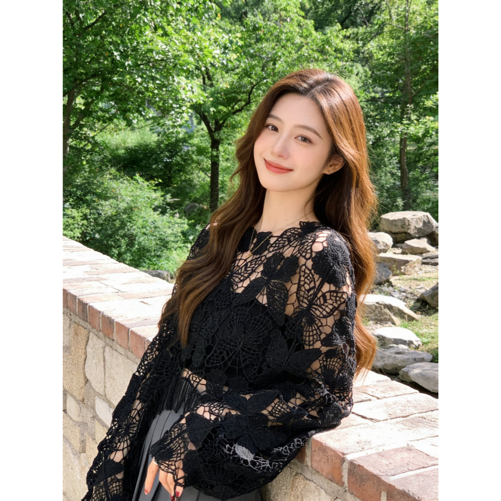 [A486] Áo LƯỚI len dệt kim ĐAN HỌA TIẾT TAY DƠI TUA thời trang mùa hè đi biển xinh xắn - L2M (New)