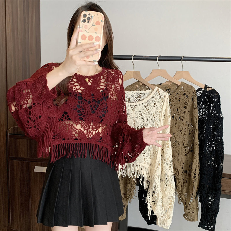 [A486] Áo LƯỚI len dệt kim ĐAN HỌA TIẾT TAY DƠI TUA thời trang mùa hè đi biển xinh xắn - L2M (New)