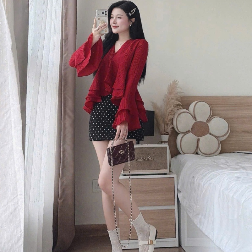 [A489] SET (2 MÓN) áo kiểu nữ BABY BÈO TẦNG TAY LOE phối CHÂN VÁY BI có lót trong xinh xắn - L2M (New)