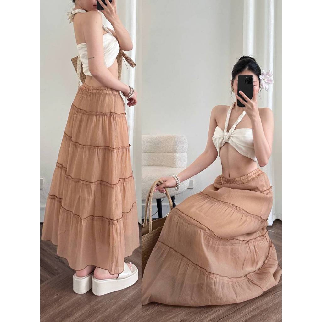 [Q107] Chân váy MAXI TƠ VOAN 2 LỚP 5 TẦNG mềm mại lưng chun có lót trong dễ phối đồ - L2M (New)