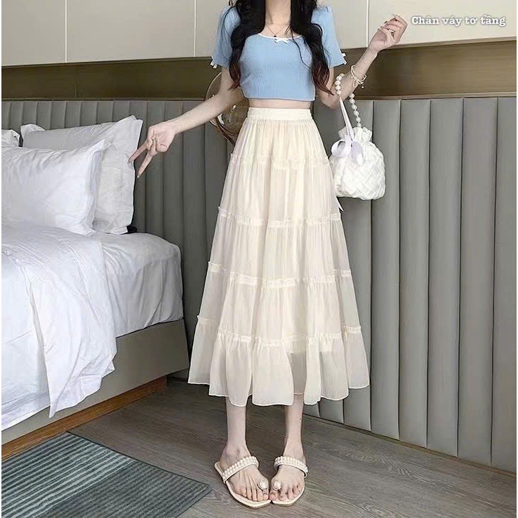 [Q107] Chân váy MAXI TƠ VOAN 2 LỚP 5 TẦNG mềm mại lưng chun có lót trong dễ phối đồ - L2M (New)
