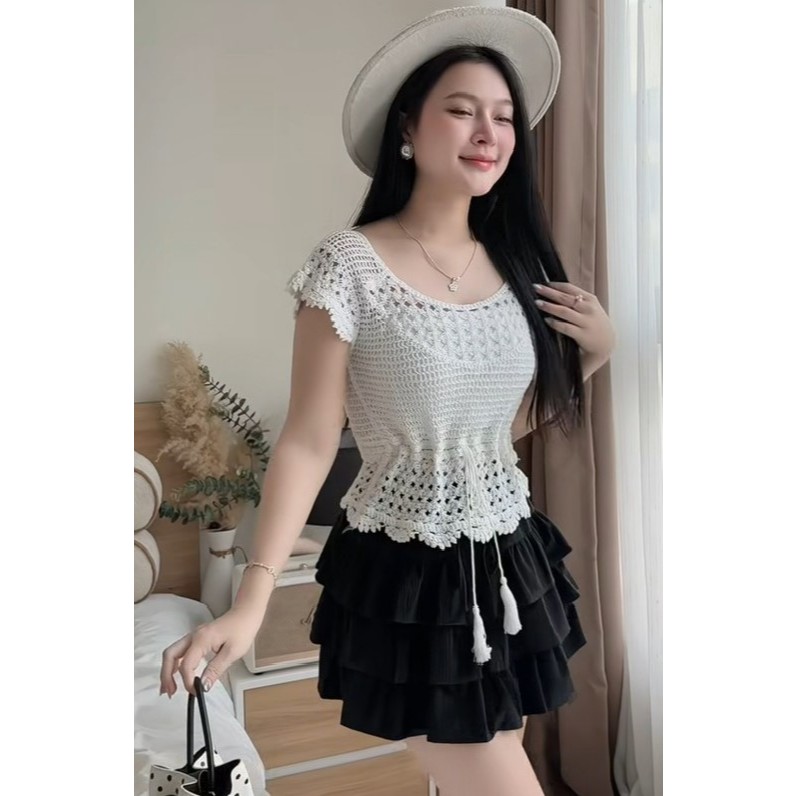 [A494] SET (2 Áo) len LƯỚI tay CÁNH TIÊN ĐAN DÂY LƯNG phối DÂY RÚT EO đi biển kiểu dáng mát mẻ năng động - L2M (New)