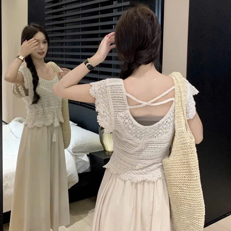 [A494] SET (2 Áo) len LƯỚI tay CÁNH TIÊN ĐAN DÂY LƯNG phối DÂY RÚT EO đi biển kiểu dáng mát mẻ năng động - L2M (New)