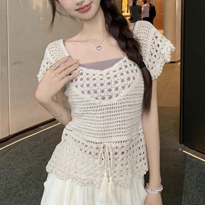[A494] SET (2 Áo) len LƯỚI tay CÁNH TIÊN ĐAN DÂY LƯNG phối DÂY RÚT EO đi biển kiểu dáng mát mẻ năng động - L2M (New)