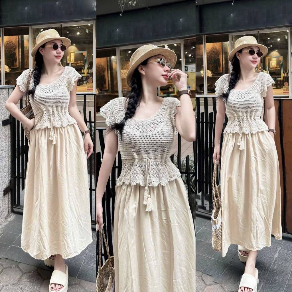 [A494] SET (2 Áo) len LƯỚI tay CÁNH TIÊN ĐAN DÂY LƯNG phối DÂY RÚT EO đi biển kiểu dáng mát mẻ năng động - L2M (New)