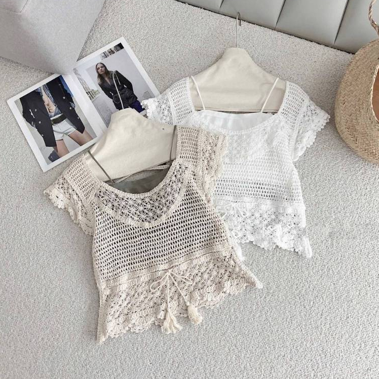 [A494] SET (2 Áo) len LƯỚI tay CÁNH TIÊN ĐAN DÂY LƯNG phối DÂY RÚT EO đi biển kiểu dáng mát mẻ năng động - L2M (New)