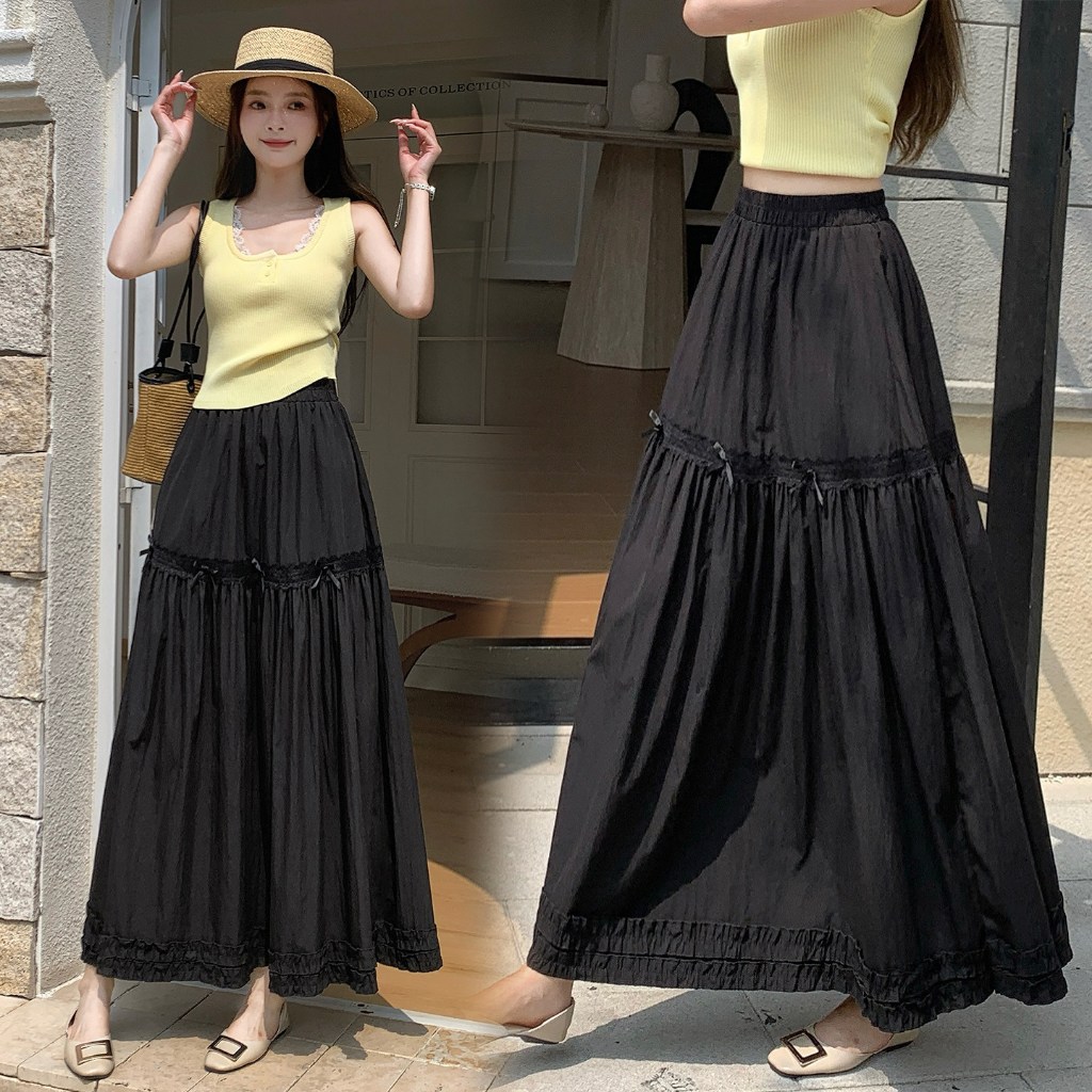 [Q108] Chân váy MAXI BÈO LAI PHỐI REN đính nơ đơn giản thanh lịch có lót trong dễ phối đồ - L2M (New)