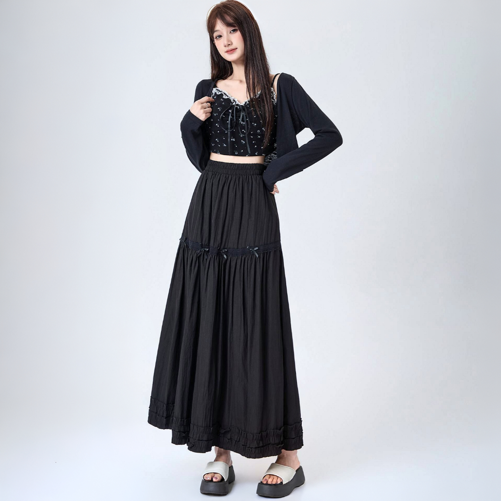 [Q108] Chân váy MAXI BÈO LAI PHỐI REN đính nơ đơn giản thanh lịch có lót trong dễ phối đồ - L2M (New)