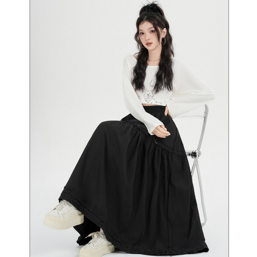 [Q108] Chân váy MAXI BÈO LAI PHỐI REN đính nơ đơn giản thanh lịch có lót trong dễ phối đồ - L2M (New)