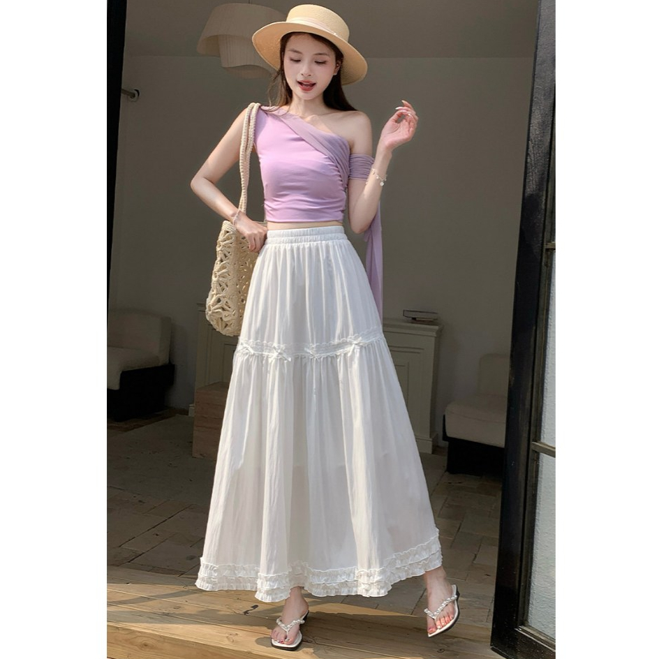 [Q108] Chân váy MAXI BÈO LAI PHỐI REN đính nơ đơn giản thanh lịch có lót trong dễ phối đồ - L2M (New)
