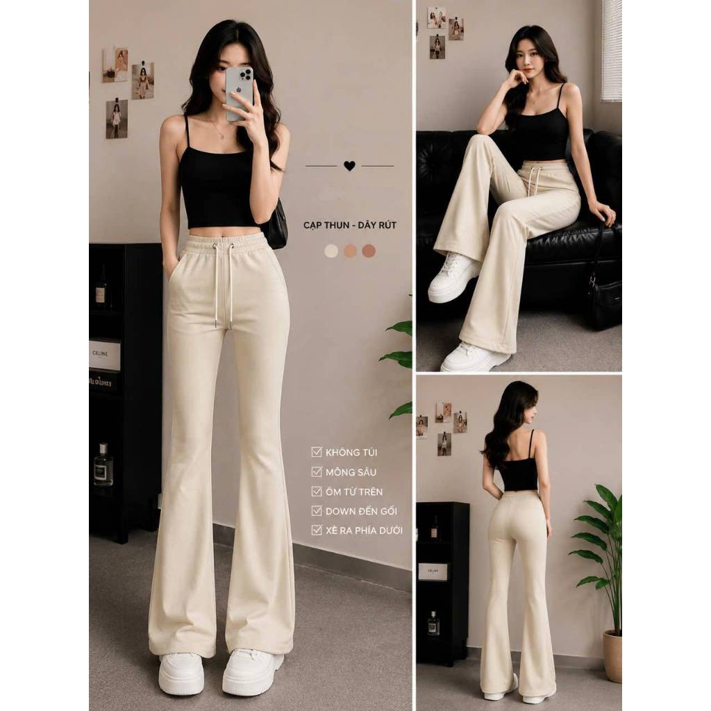 [Q110] Quần nữ ỐNG BASS/ỐNG LOE THUN 2 DA phối DÂY RÚT LƯNG THUN mềm mịn co giãn dễ phối đồ - L2M (New)