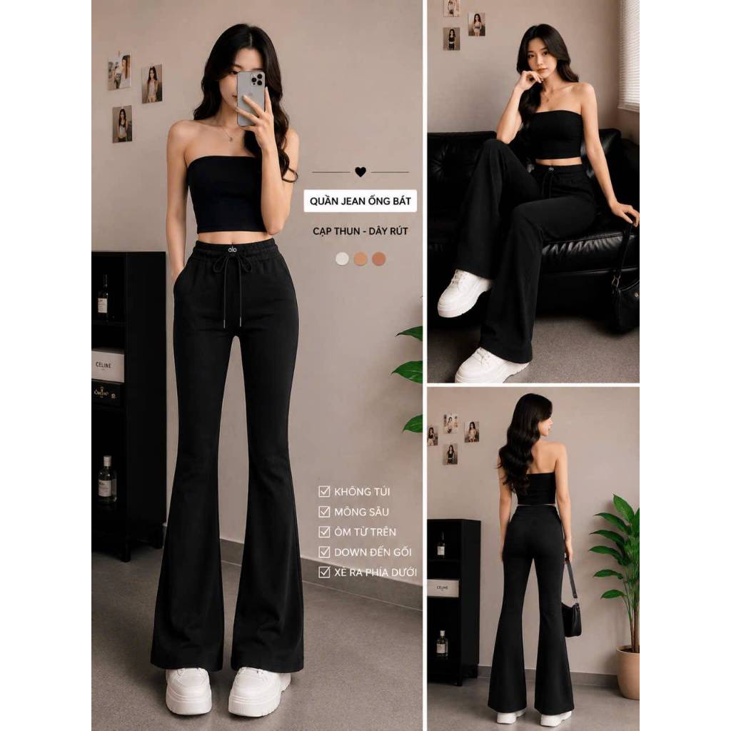 [Q110] Quần nữ ỐNG BASS/ỐNG LOE THUN 2 DA phối DÂY RÚT LƯNG THUN mềm mịn co giãn dễ phối đồ - L2M (New)