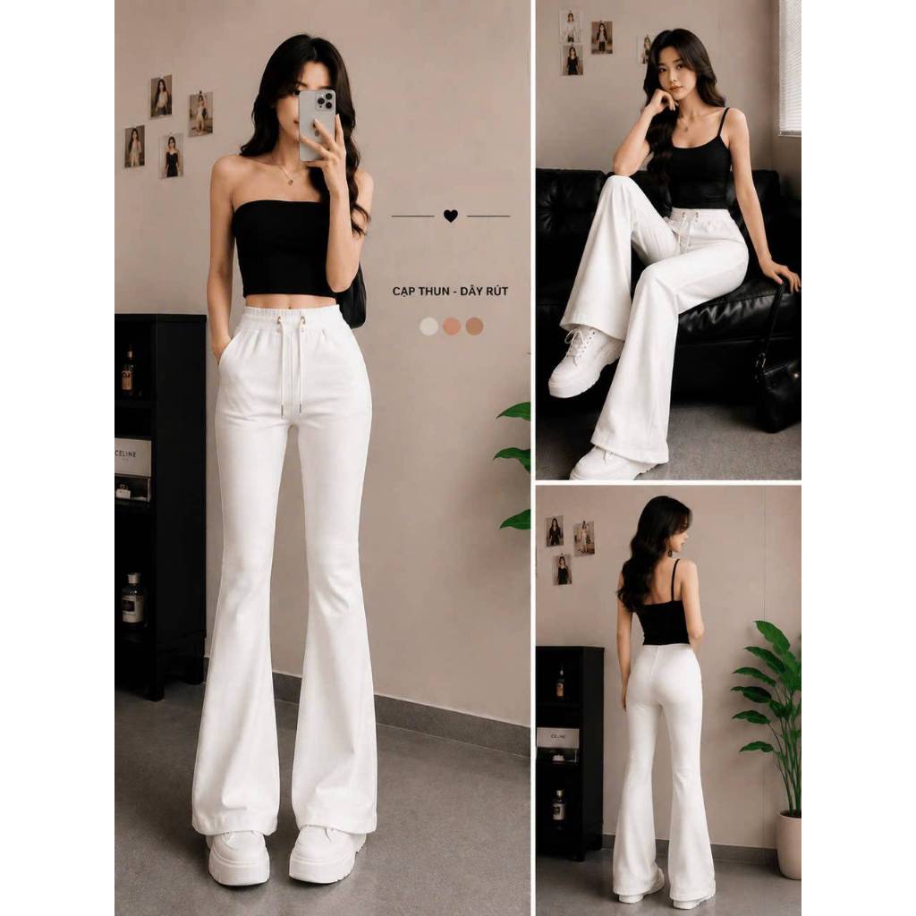 [Q110] Quần nữ ỐNG BASS/ỐNG LOE THUN 2 DA phối DÂY RÚT LƯNG THUN mềm mịn co giãn dễ phối đồ - L2M (New)