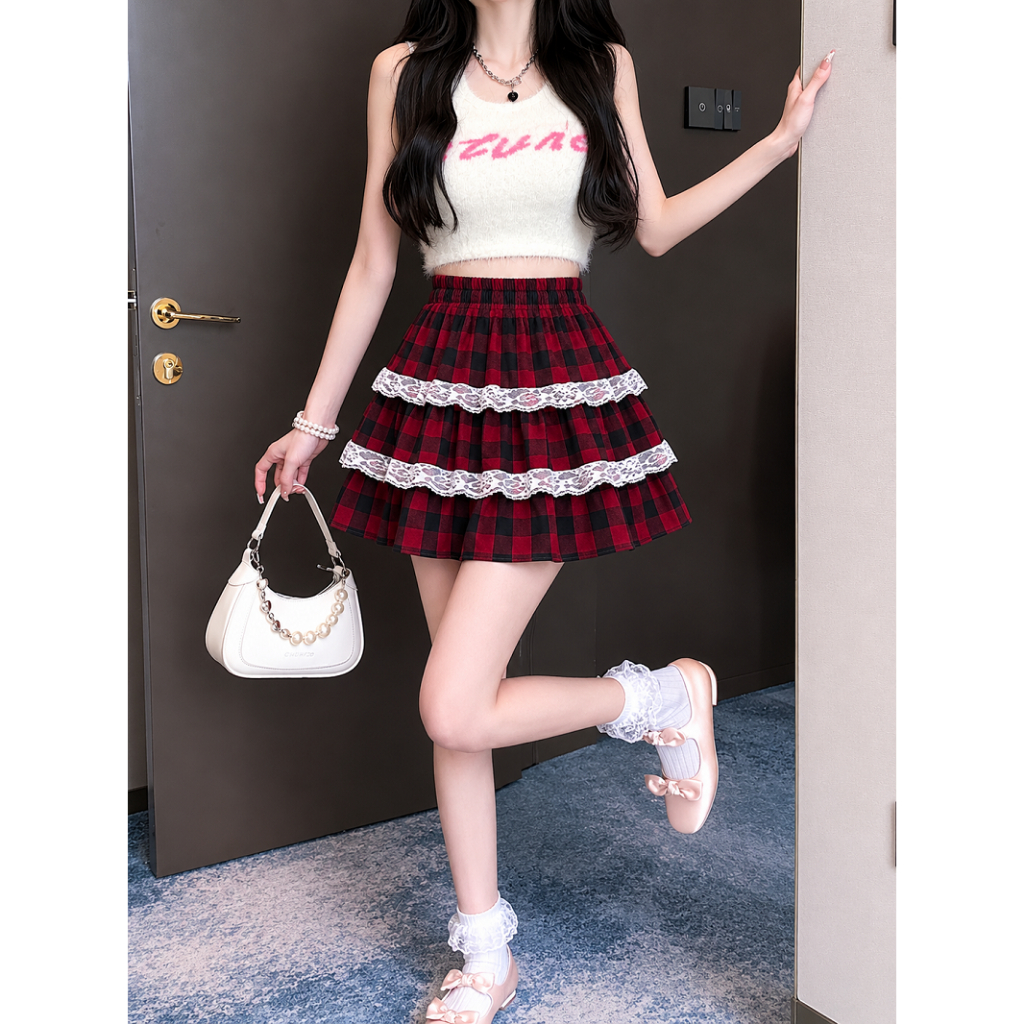 [Q112] Chân váy xòe CARO PHỐI 2 REN XẾP TẦNG có lót trong lưng thun co giãn dáng ngắn xinh xắn - L2M (New)