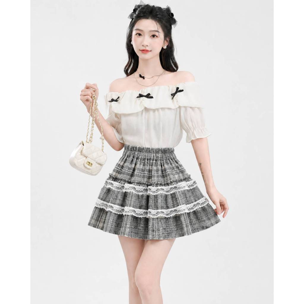 [Q112] Chân váy xòe CARO PHỐI 2 REN XẾP TẦNG có lót trong lưng thun co giãn dáng ngắn xinh xắn - L2M (New)