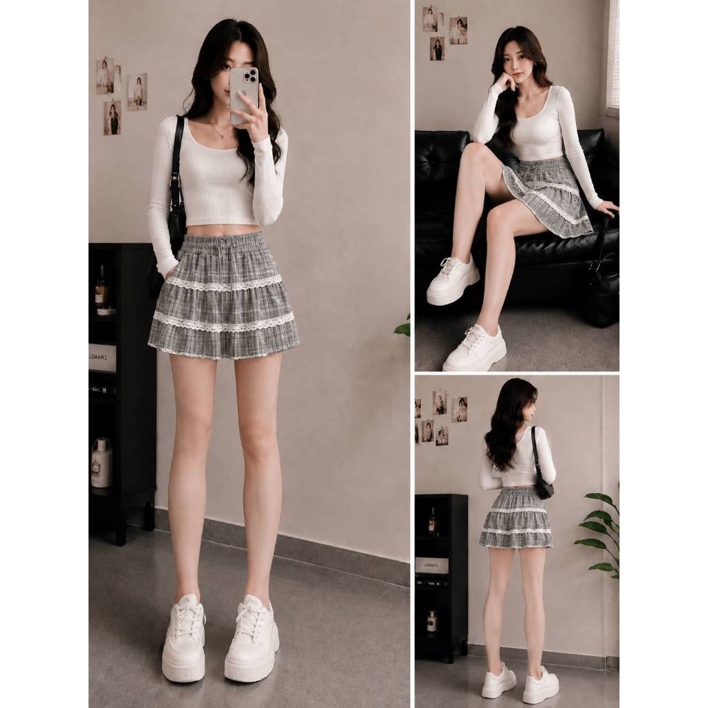 [Q112] Chân váy xòe CARO PHỐI 2 REN XẾP TẦNG có lót trong lưng thun co giãn dáng ngắn xinh xắn - L2M (New)