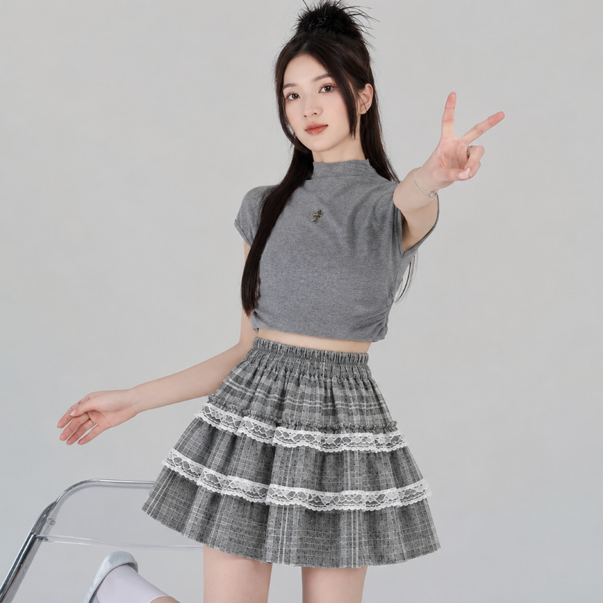 [Q112] Chân váy xòe CARO PHỐI 2 REN XẾP TẦNG có lót trong lưng thun co giãn dáng ngắn xinh xắn - L2M (New)