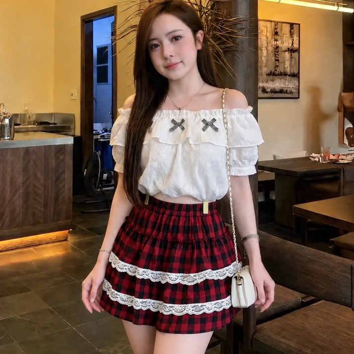 [Q112] Chân váy xòe CARO PHỐI 2 REN XẾP TẦNG có lót trong lưng thun co giãn dáng ngắn xinh xắn - L2M (New)