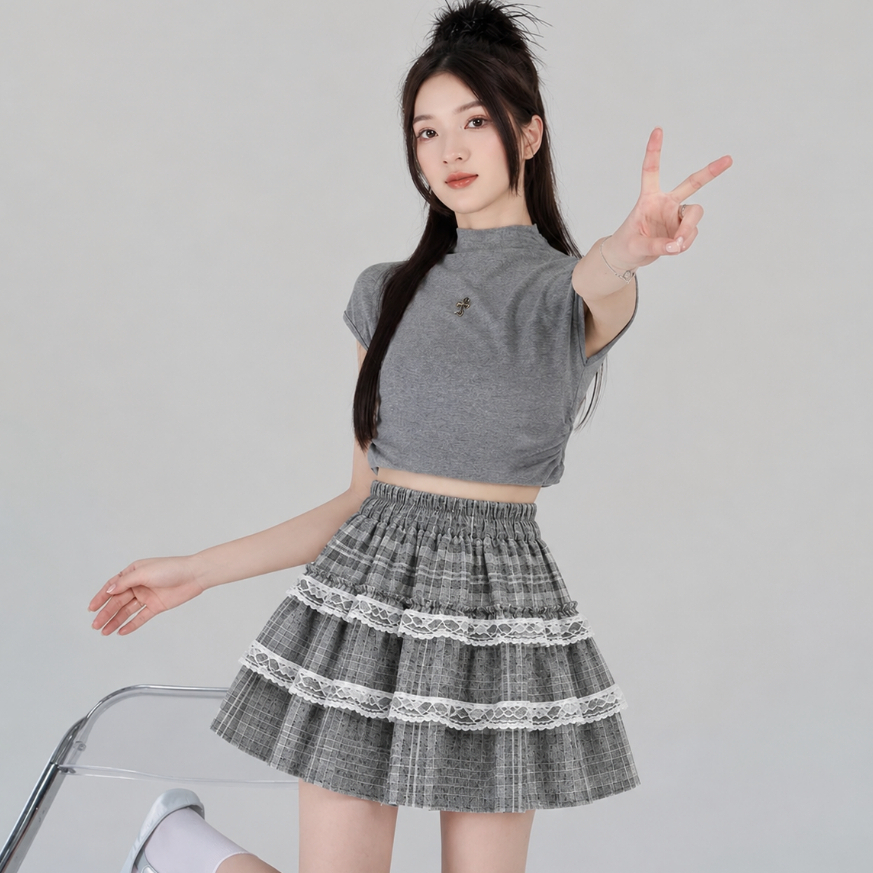 [Q112] Chân váy xòe CARO PHỐI 2 REN XẾP TẦNG có lót trong lưng thun co giãn dáng ngắn xinh xắn - L2M (New)