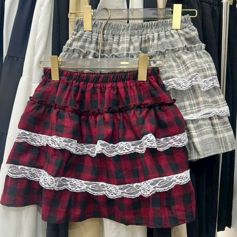 [Q112] Chân váy xòe CARO PHỐI 2 REN XẾP TẦNG có lót trong lưng thun co giãn dáng ngắn xinh xắn - L2M (New)
