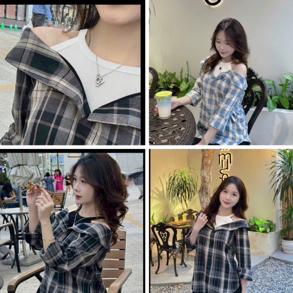 [A459] Áo SƠ MI kiểu nữ PHỐI YẾM BẸT VAI  mẫu CARO phom rộng tay dài xinh xắn hot trend - L2M (New)