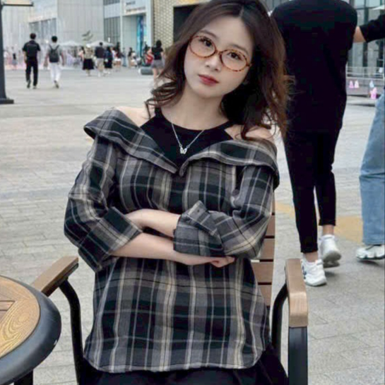 [A459] Áo SƠ MI kiểu nữ PHỐI YẾM BẸT VAI  mẫu CARO phom rộng tay dài xinh xắn hot trend - L2M (New)