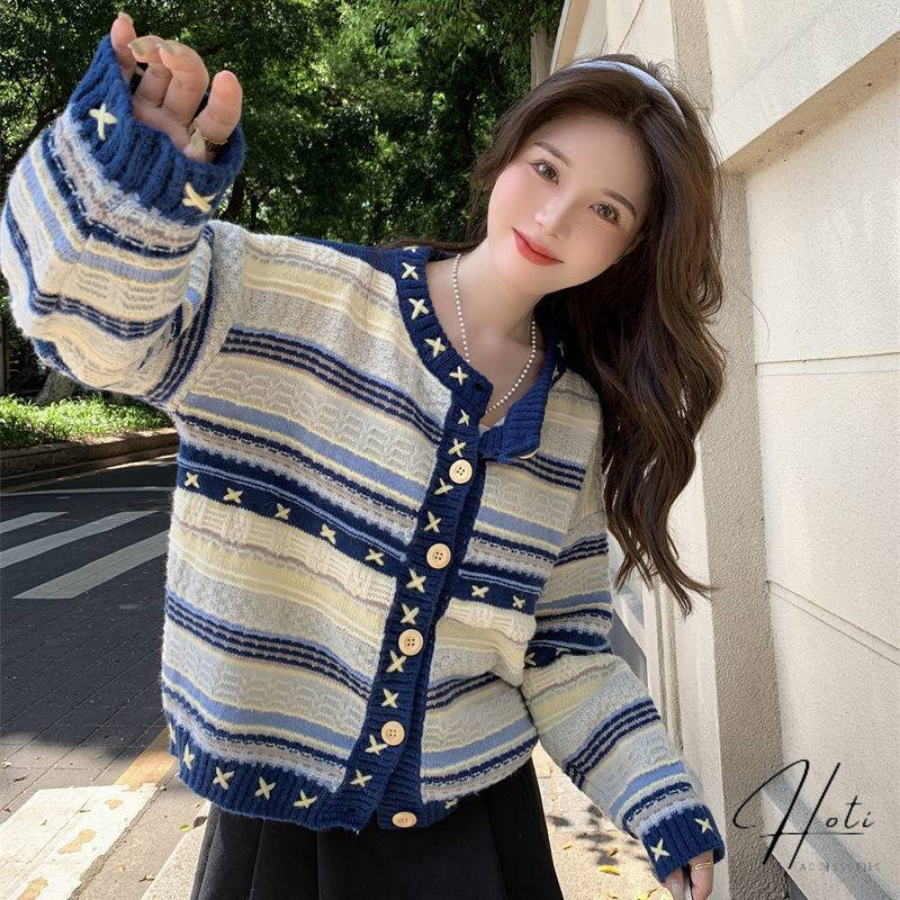[A460] Áo khoác len thu đông Cardigan SỌC VIỀN CHỮ THẬP phom rộng vải dày dặn cực xịn xò - L2M (New)