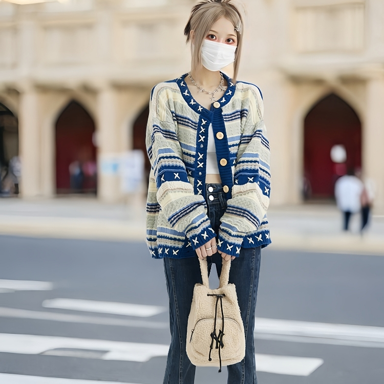 [A460] Áo khoác len thu đông Cardigan SỌC VIỀN CHỮ THẬP phom rộng vải dày dặn cực xịn xò - L2M (New)