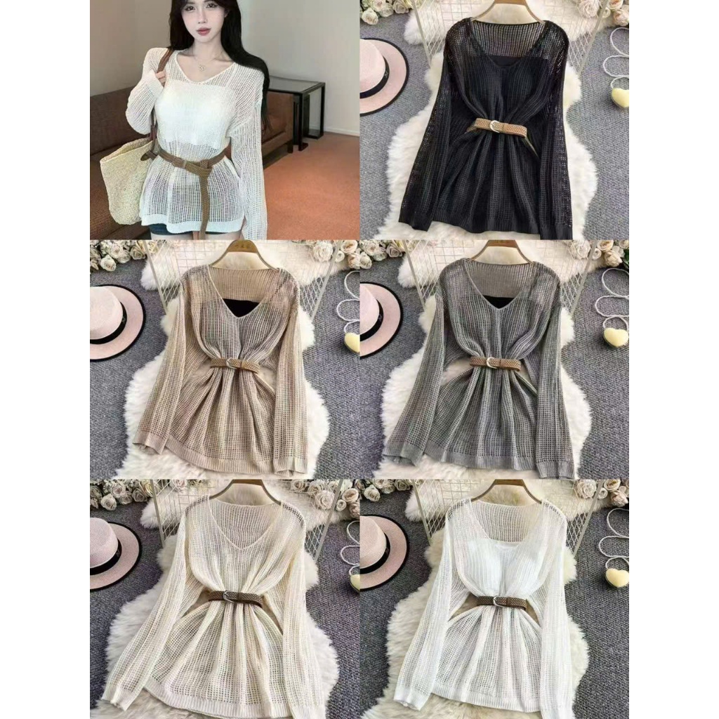 [A462] Set Áo len LƯỚI montoghi CỔ V LƯỚI NHỎ KÈM ĐAI form vừa mặc ngoài đi biển dễ phối đồ - L2M (New)