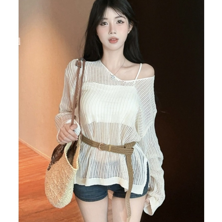 [A462] Set Áo len LƯỚI montoghi CỔ V LƯỚI NHỎ KÈM ĐAI form vừa mặc ngoài đi biển dễ phối đồ - L2M (New)