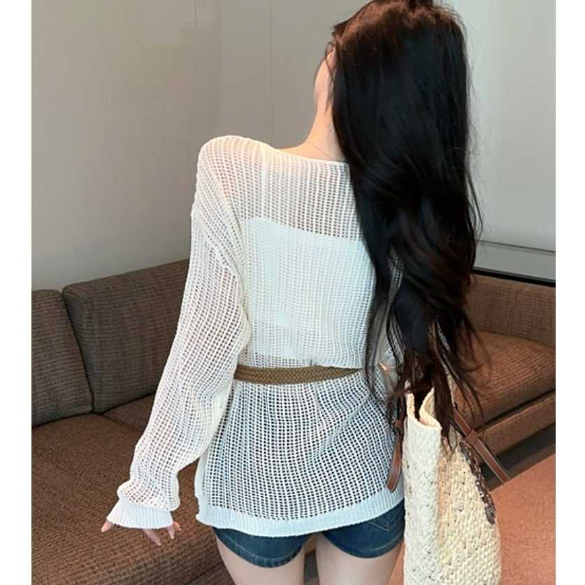 [A462] Set Áo len LƯỚI montoghi CỔ V LƯỚI NHỎ KÈM ĐAI form vừa mặc ngoài đi biển dễ phối đồ - L2M (New)