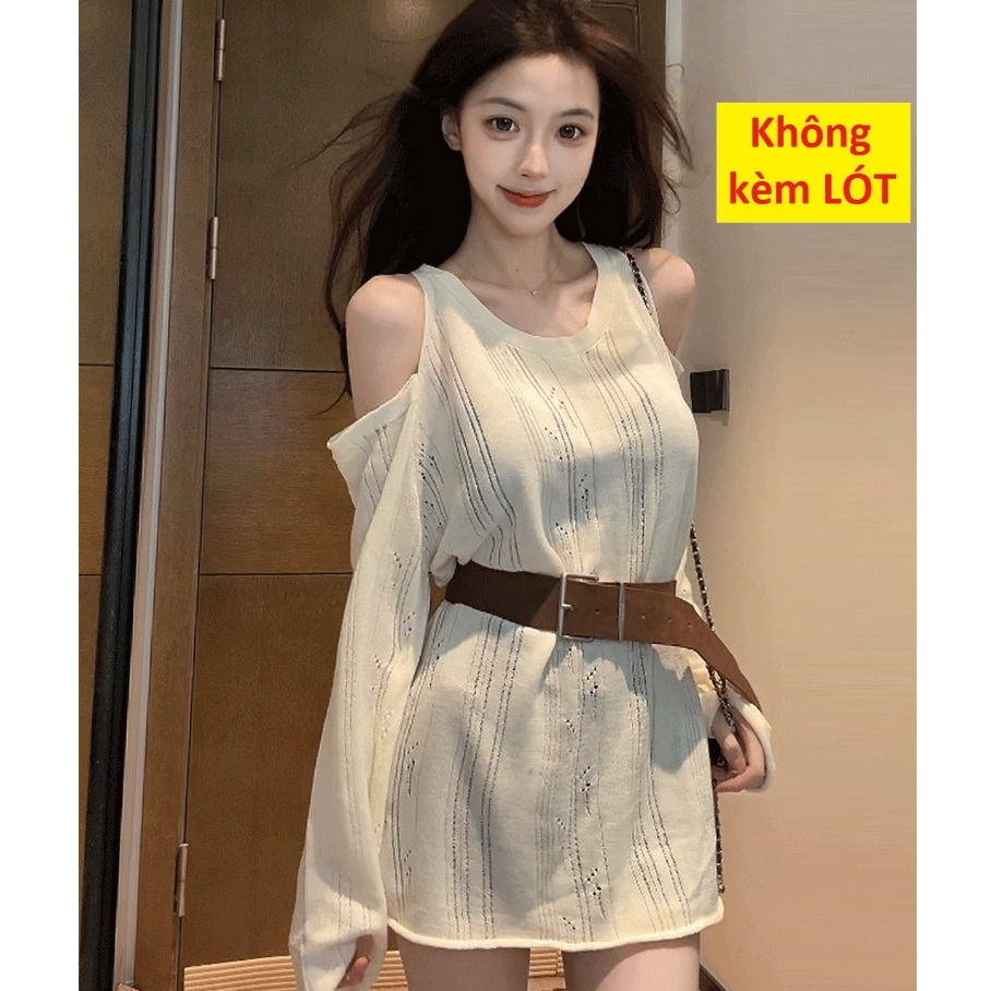 [A464] Set Áo len LƯỚI montoghi KHOÉT VAI KÈM ĐAI TO tay dài mặc ngoài đi biển dễ phối đồ - L2M (New)