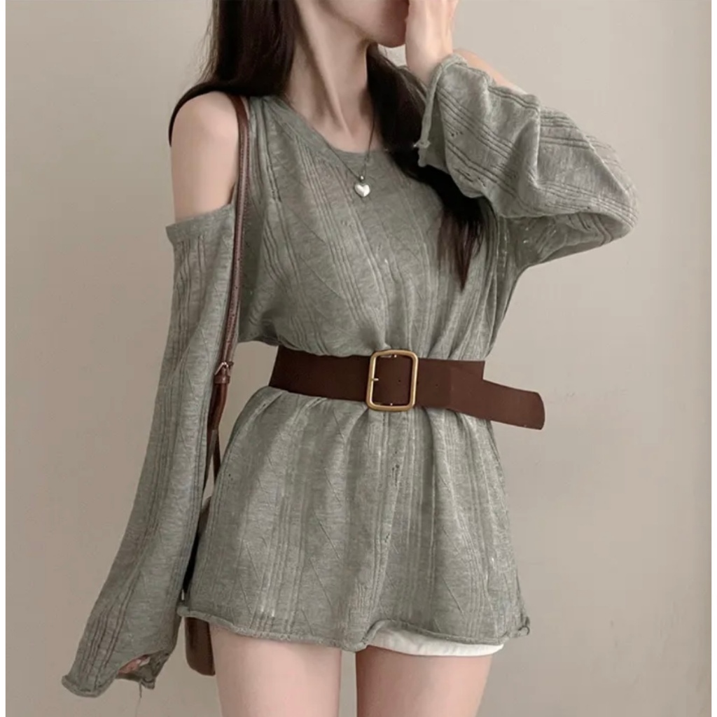 [A464] Set Áo len LƯỚI montoghi KHOÉT VAI KÈM ĐAI TO tay dài mặc ngoài đi biển dễ phối đồ - L2M (New)