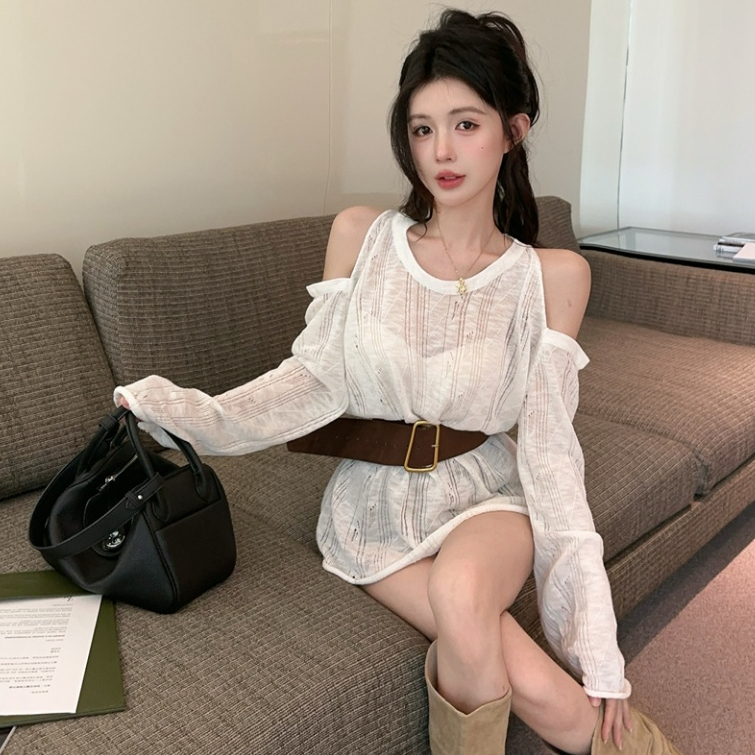 [A464] Set Áo len LƯỚI montoghi KHOÉT VAI KÈM ĐAI TO tay dài mặc ngoài đi biển dễ phối đồ - L2M (New)
