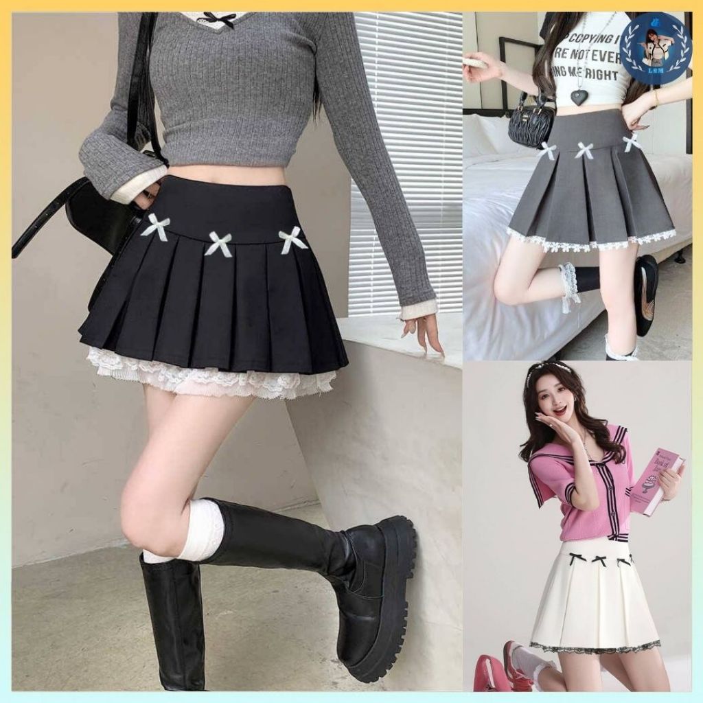 [Q003-14] Quần giả váy nữ kiểu XẾP LY 3 NƠ NGANG PHỐI REN lưng thun co giãn dễ phối đồ - L2M (New)