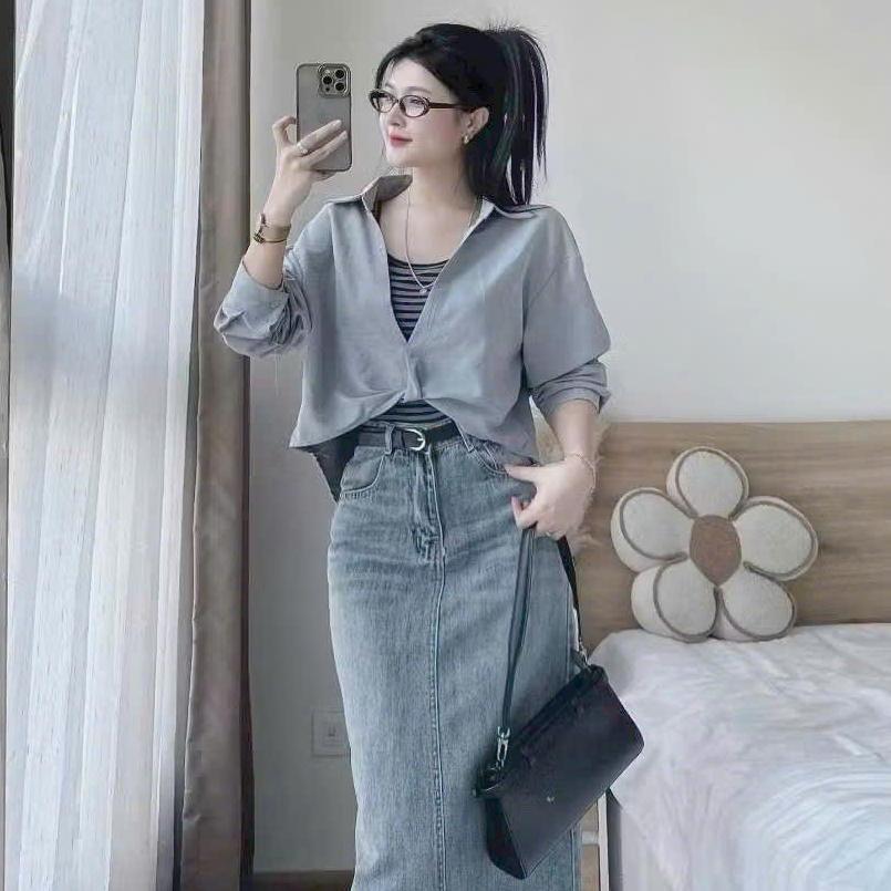 [A472] SET Áo kiểu nữ gồm SƠ MI XOẮN NGOÀI kèm lót trong KẺ SỌC hàng Quảng Châu xinh xắn - L2M (New)