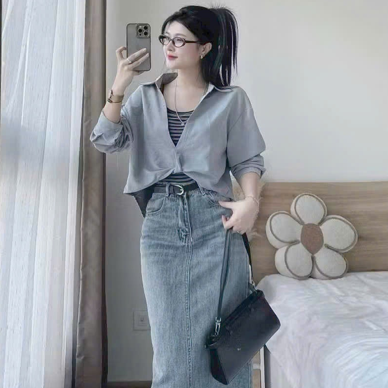 [A472] SET Áo kiểu nữ gồm SƠ MI XOẮN NGOÀI kèm lót trong KẺ SỌC hàng Quảng Châu xinh xắn - L2M (New)
