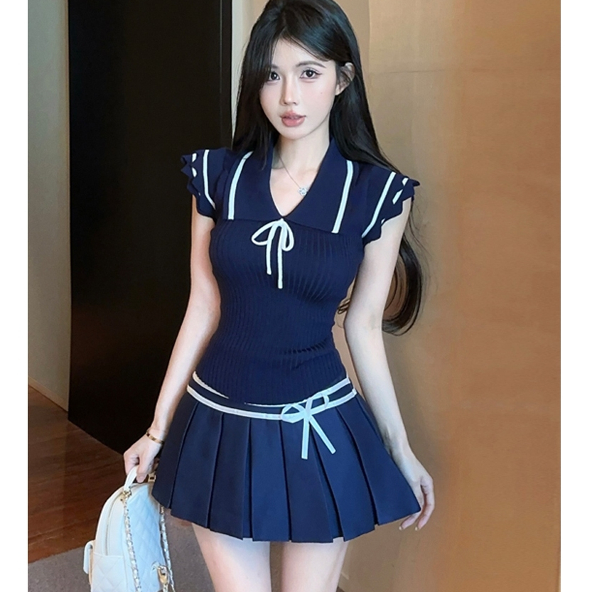 [A450] Set Áo THUN TĂM nữ VAI BÈO VIỀN THẮT NƠ kèm CHÂN VÁY XẾP LY có lót trong nữ tính - L2M (New)