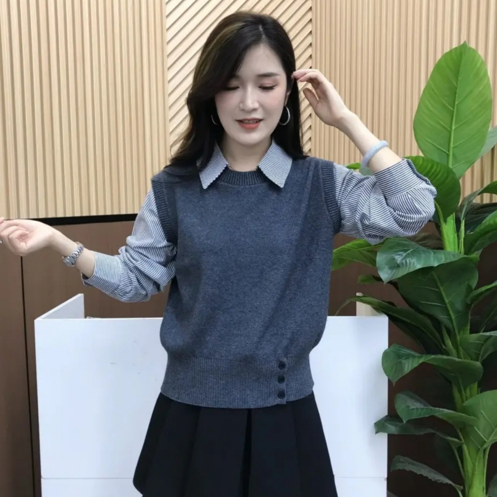 [A469] Áo len nữ Montoghi dệt kim 3 NÚT phối SƠ MI SỌC kiểu trơn tay dài sang trọng - L2M (New)