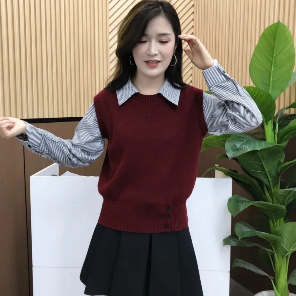 [A469] Áo len nữ Montoghi dệt kim 3 NÚT phối SƠ MI SỌC kiểu trơn tay dài sang trọng - L2M (New)