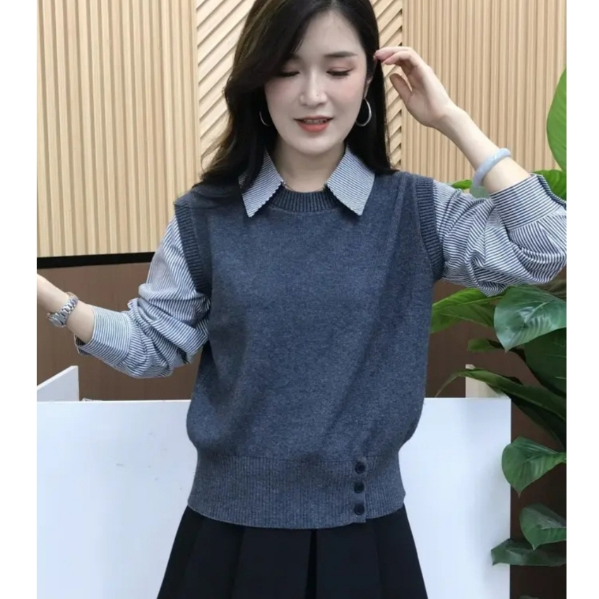 [A469] Áo len nữ Montoghi dệt kim 3 NÚT phối SƠ MI SỌC kiểu trơn tay dài sang trọng - L2M (New)